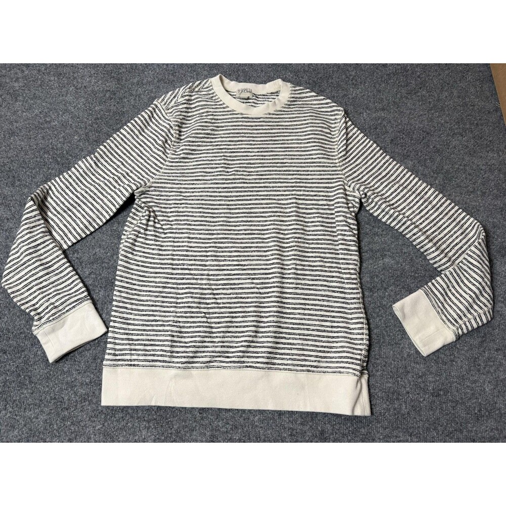 J.CREW Sweater Mens M White Cotton Black Stripes Knit Pullover Long Sleeve